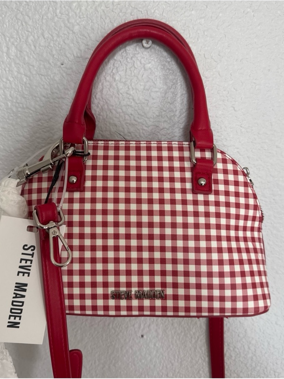 Steve Madden Red and White Gingham Dome Satchel